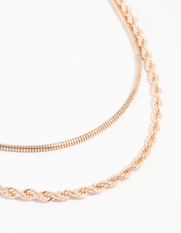 Rose Gold Plated Round & Twisted Snake Layered Necklace