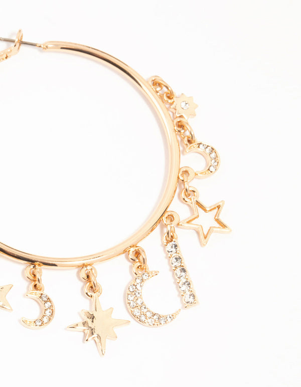 Gold Celestial Diamante Large Charm Hoop Earrings