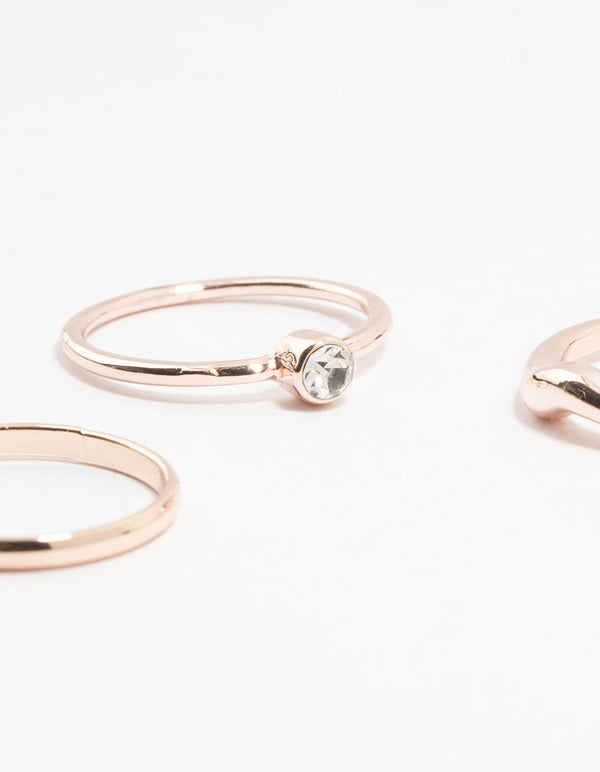 Rose Gold Plated Molten & Diamante Rings 6-Pack