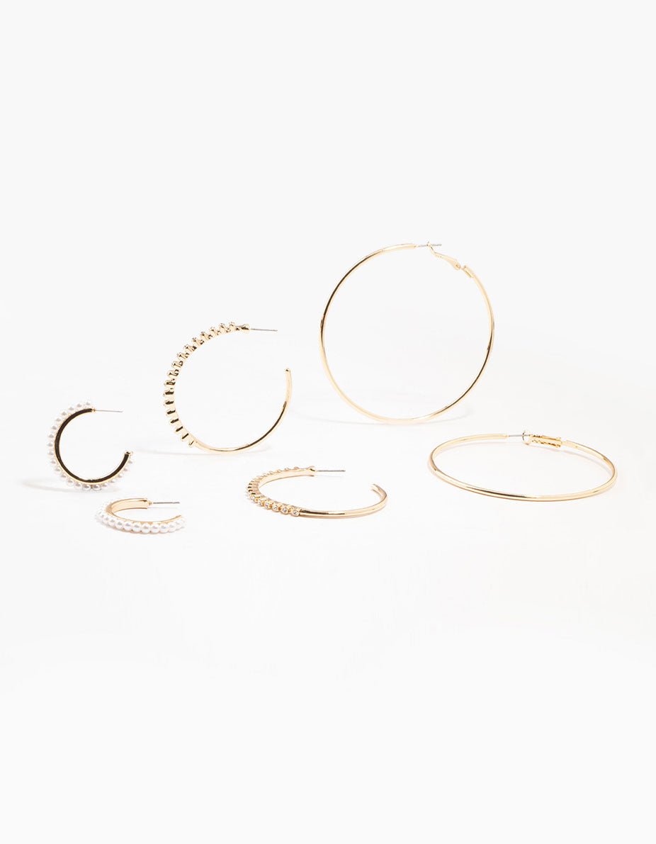 Gold Mixed Diamante & Pearl Hoop Earrings 3-Pack