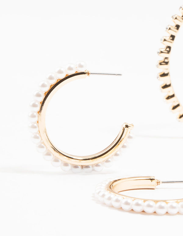 Gold Mixed Diamante & Pearl Hoop Earrings 3-Pack