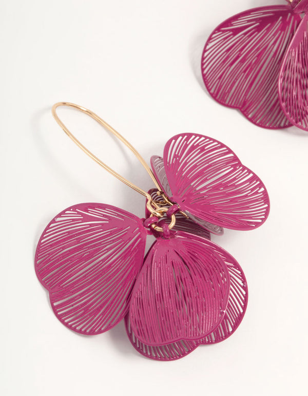 Pink Coated Metal Lasercut Petal Drop Earrings