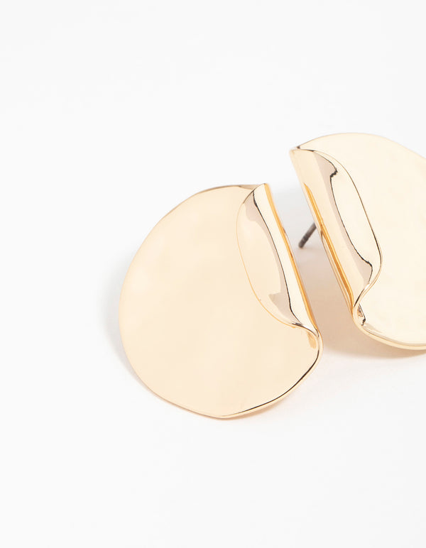 Gold Folded Molten Disc Stud Earrings