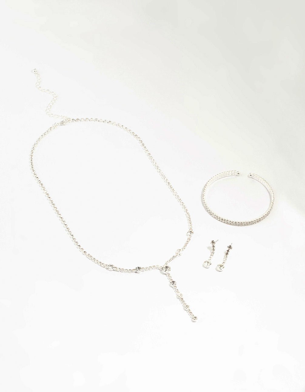 Silver Diamante Station Necklace & Earrings & Bracelet Set