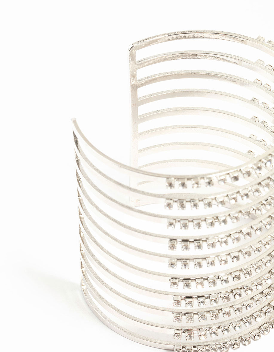 Silver Diamante Multirow Band Cage Wrist Cuff