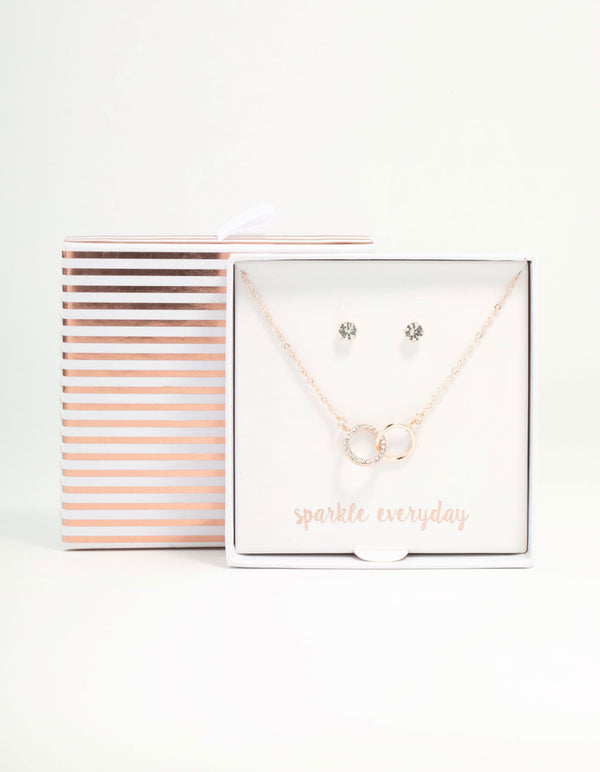 Rose Gold Linked Circle Necklaces & Stud Earrings Set