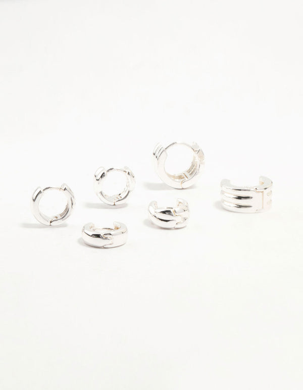 Silver Plated Brass Trio Ribbed & Rope Earrings 3-Pack