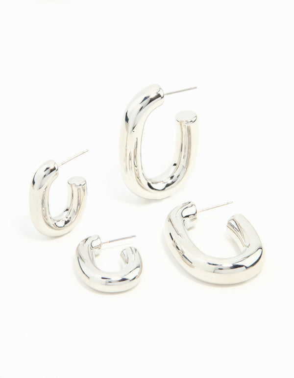 Silver Rectangle Shaped Smooth Hoops 2-Pack