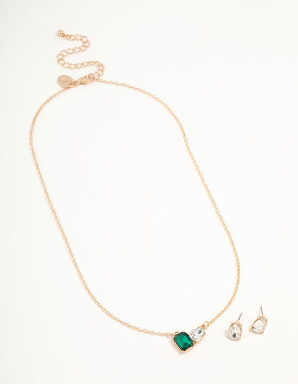 Green Diamante Teardrop Necklace & Stud Earrings Gold Set