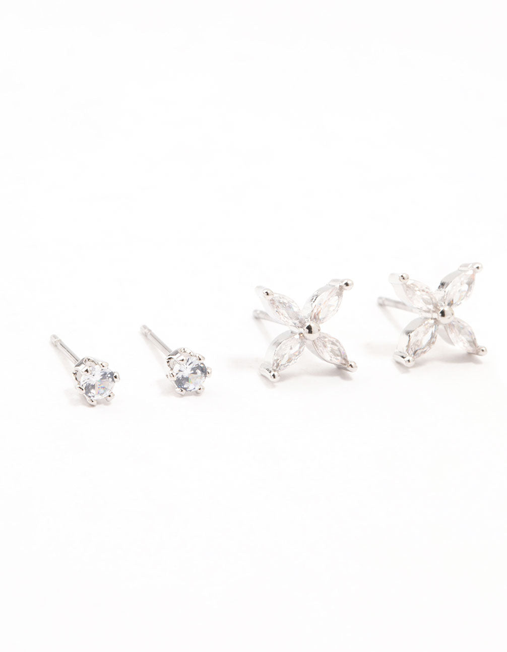Silver Cubic Zirconia Flower Stud Earrings 3-Pack
