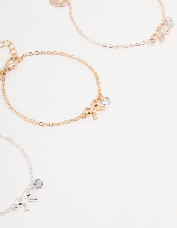 Mixed Metals Diamante Bow Bracelets 3-Pack