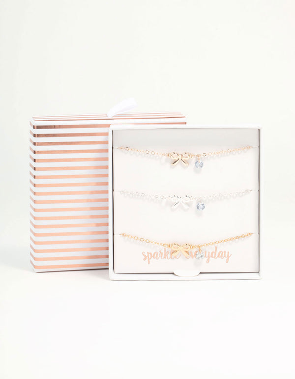 Mixed Metals Diamante Bow Bracelets 3-Pack