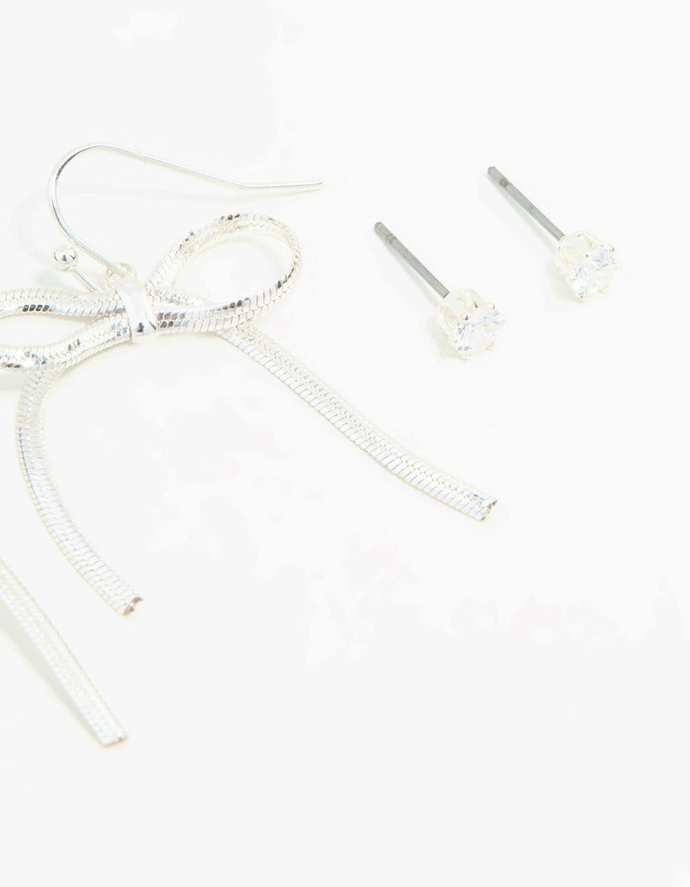 Silver Sleek Ball, Diamante & Bow Earrings 3-Pack