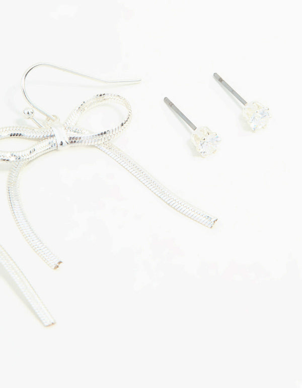 Silver Sleek Ball, Diamante & Bow Earrings 3-Pack