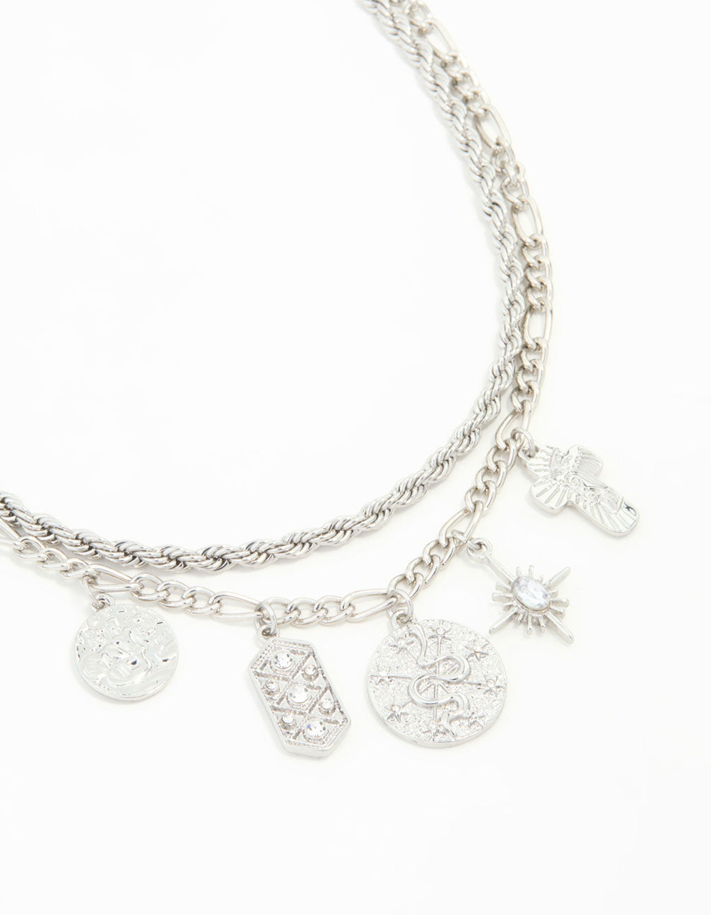 Silver Textured & Diamante Charm Layered Necklace