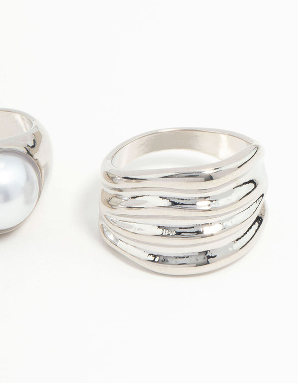 Silver Chunky Ridge & Pearl Rings 3-Pack