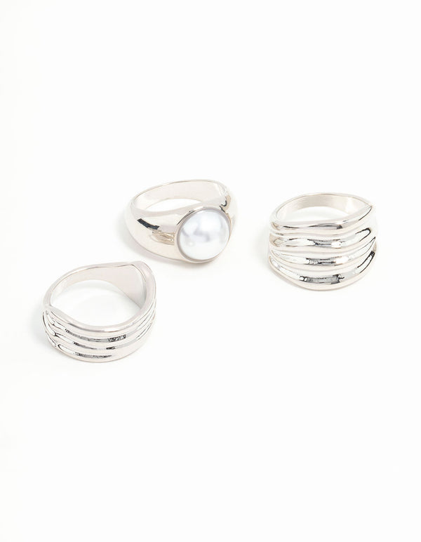 Silver Chunky Ridge & Pearl Rings 3-Pack