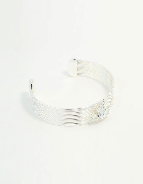 Silver Wire Pear Shaped Diamante Wrist Cuff