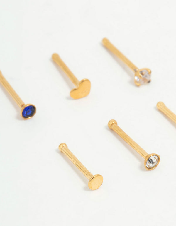 Gold Plated Titanium Heart & Cubic Zirconia Nose Studs 6-Pack