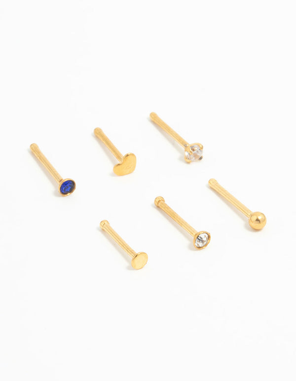 Gold Plated Titanium Heart & Cubic Zirconia Nose Studs 6-Pack