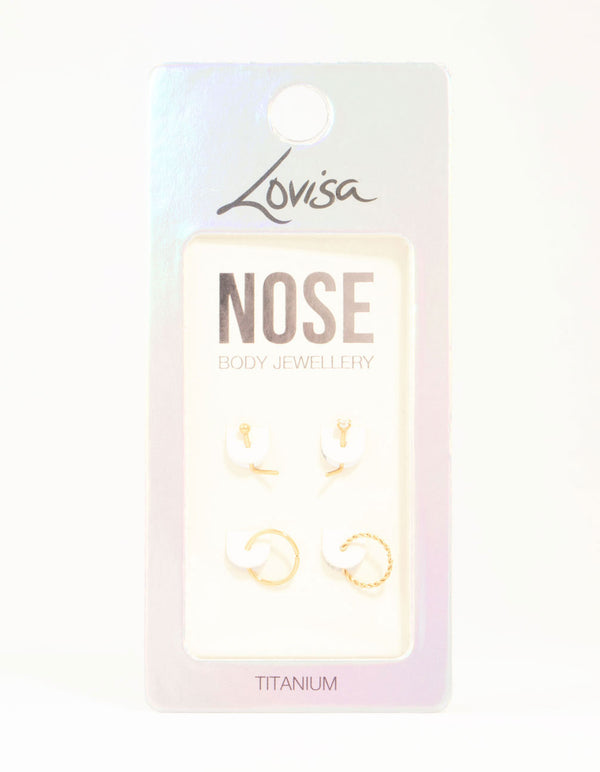 Gold Plated Titanium Diamante Nose Stud & Twisted Ring 4-Pack