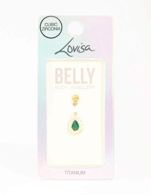 Gold Plated Titanium Spikey Green Cubic Zirconia Belly Bar