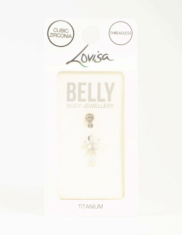 Titanium Cubic Zirconia Flower Threadless Belly Bar