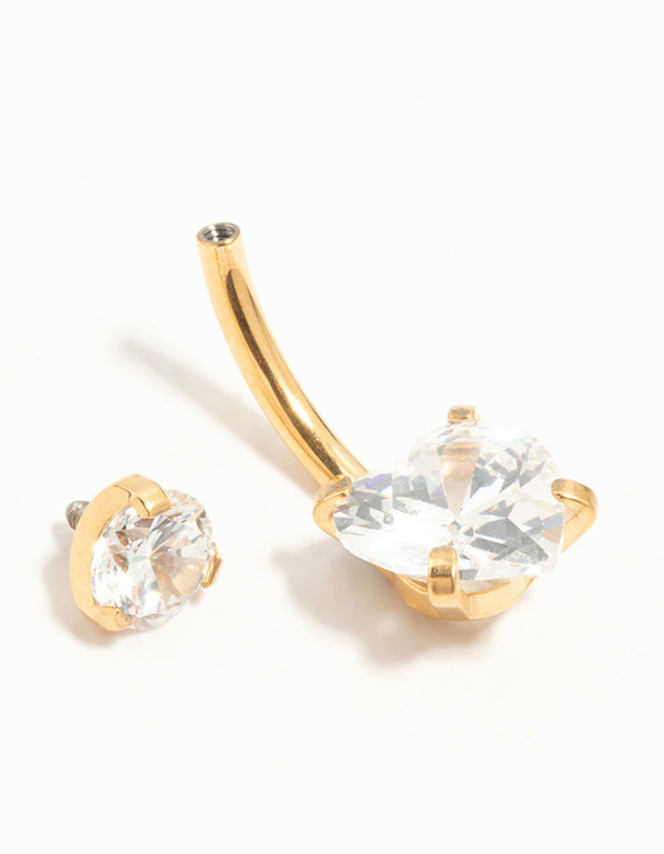 Gold Plated Titanium Diamante Love Heart Claw Belly Bar