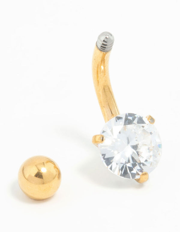 Gold Plated Titanium Round Cubic Zirconia Mini Belly Bar