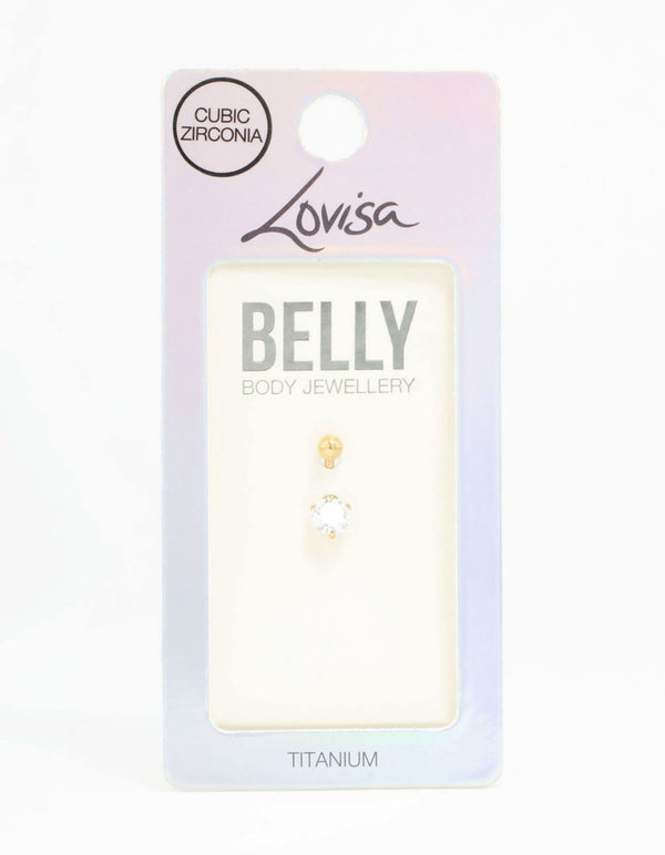 Gold Plated Titanium Round Cubic Zirconia Mini Belly Bar
