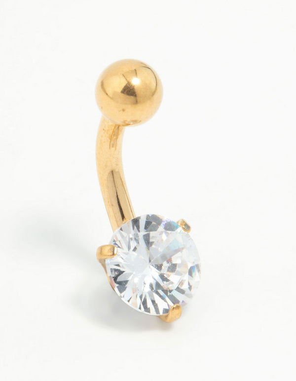 Gold Plated Titanium Round Cubic Zirconia Mini Belly Bar