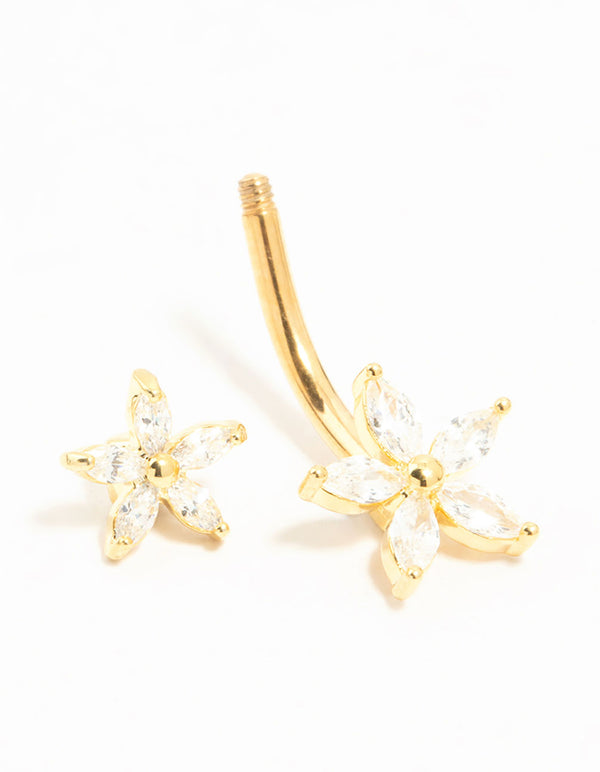 Gold Plated Titanium Double Diamante Daisy Belly Bar