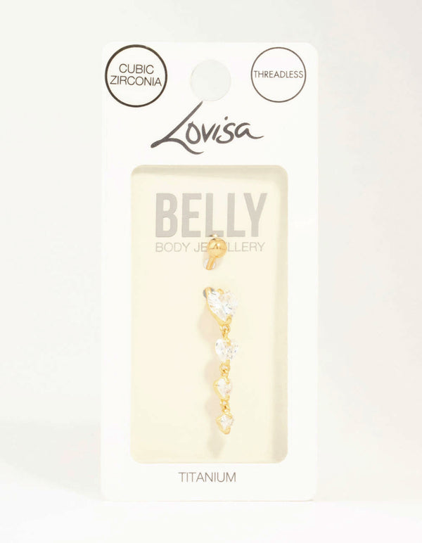 Gold Plated Titanium Cubic Zirconia Heart Quartet Threadless Belly Bar