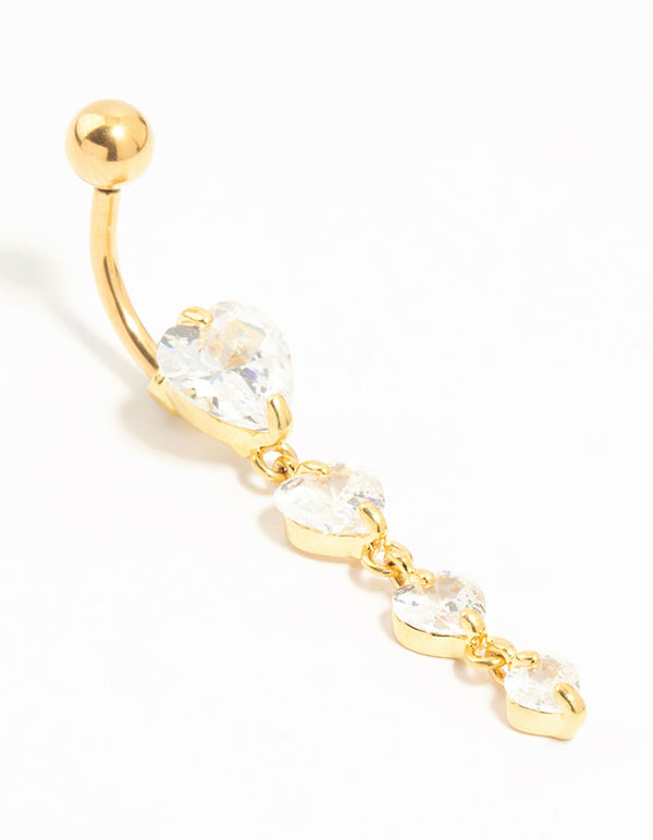 Gold Plated Titanium Cubic Zirconia Heart Quartet Threadless Belly Bar
