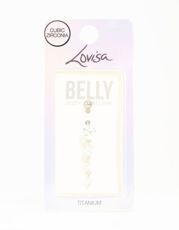 Titanium Graduating Cubic Zirconia Hearts Drop Belly Bar