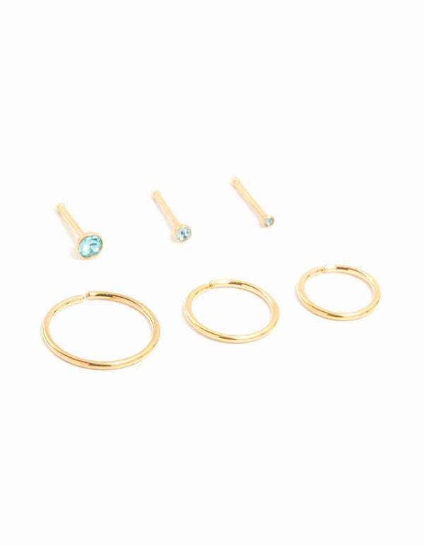 Gold Plated Titanium Fine Graduating Nose Stud & Rings 6-Pack