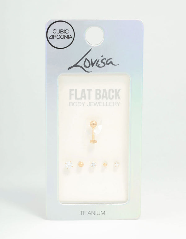 Gold Plated Titanium Polished & Cubic Zirconia Flat Backs 6-Pack