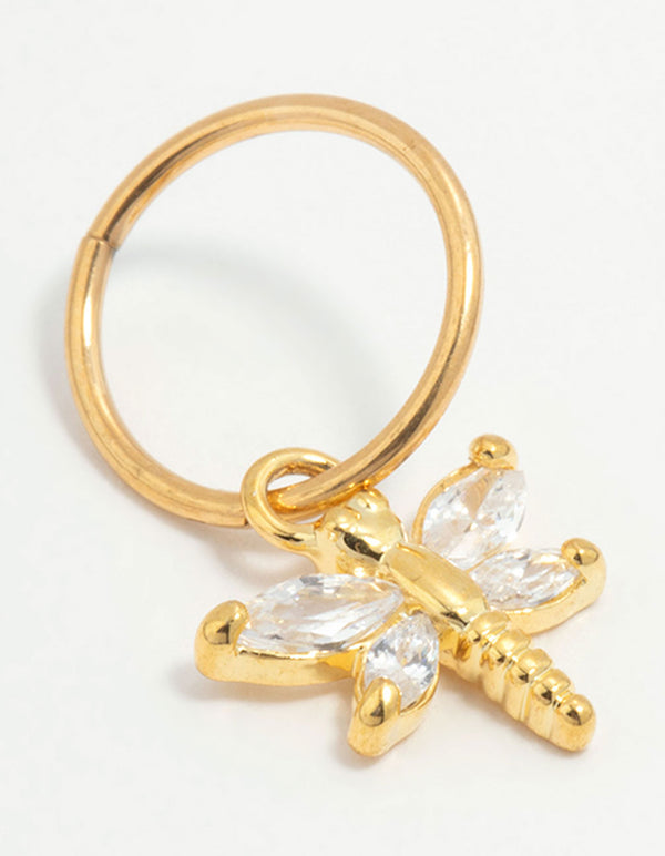 Gold Plated Titanium Cubic Zirconia Dragonfly Clicker Ring
