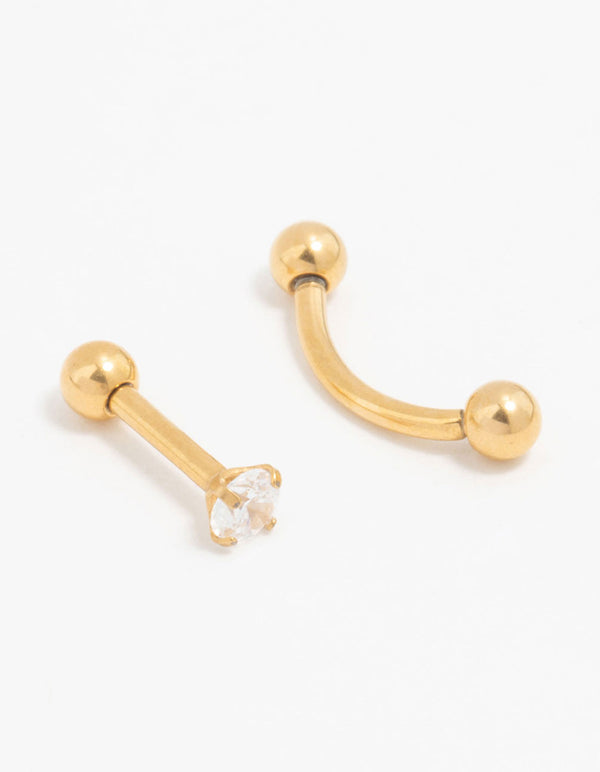 Gold Plated Titanium Ball & Cubic Zirconia Barbell 2-Pack