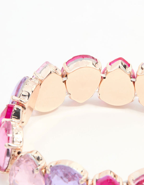 Rose Gold Pink & Purple Pear Shaped Diamante Stretch Bracelet