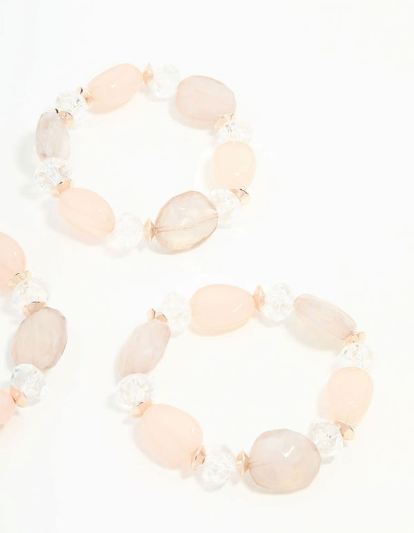 Rose Gold Pink & White Faceted Bead Stretch Bracelets 3-Pack