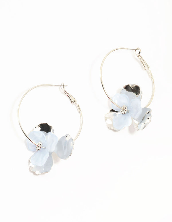 Silver & Blue Flower Hoop Drop Earrings