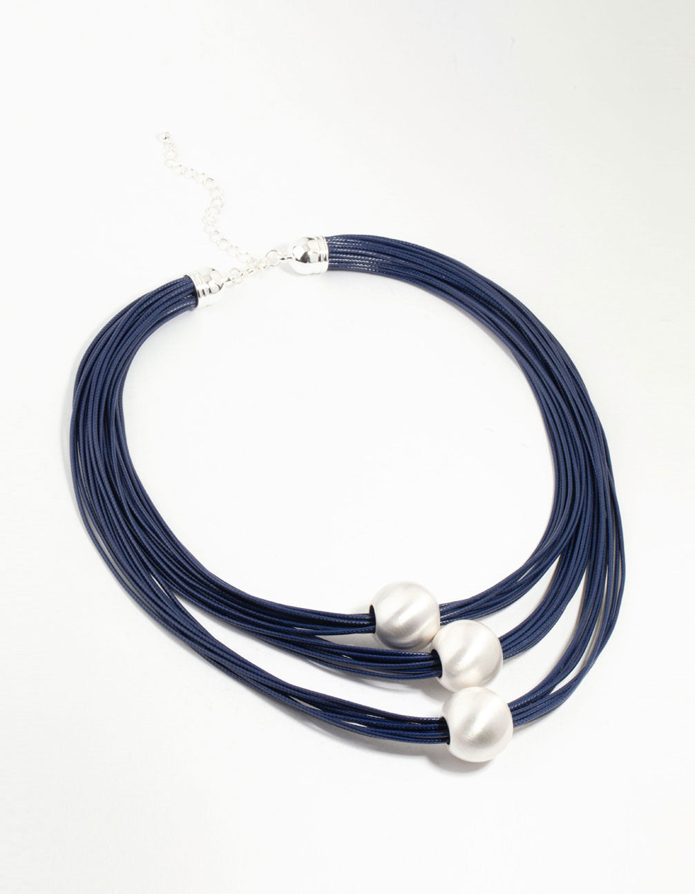 Blue Wax Cord Trio Silver Ball Necklace