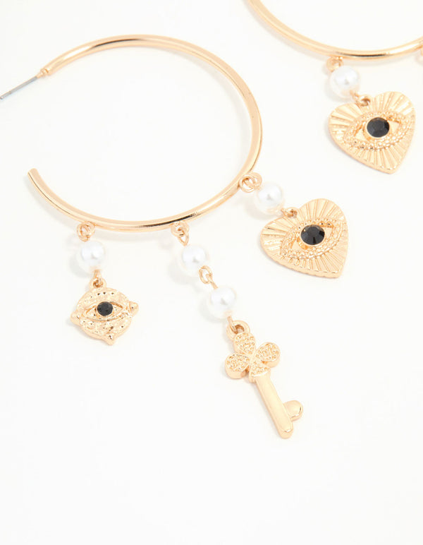 Gold Key, Pearl & Black Bead Evil Eye Charm Hoop Drop Earrings