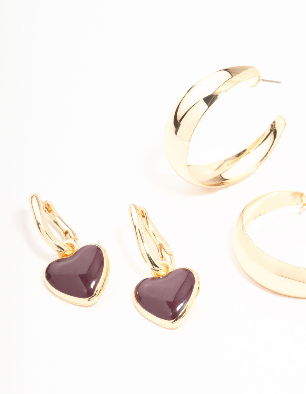 Gold Sleek Hoop & Red Heart Hoop Earrings 3-Pack