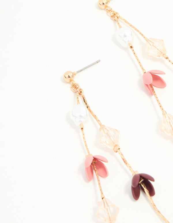 Pink & Purple Flowers Gold Drop Earrings