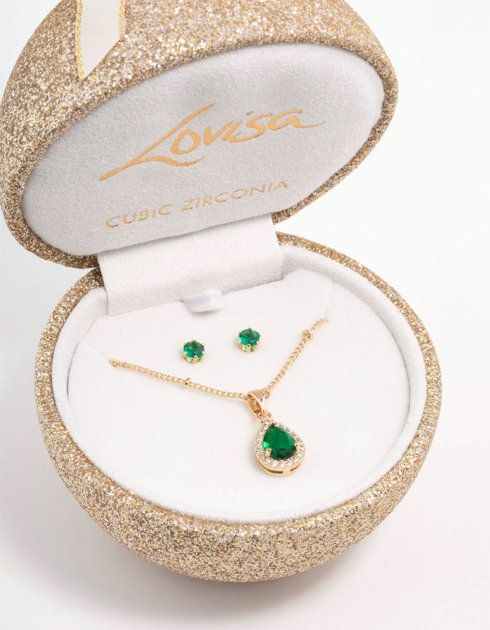 Gold Emerald Cubic Zirconia Necklace & Stud Earrings Set