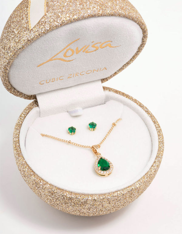Gold Emerald Cubic Zirconia Necklace & Stud Earrings Set