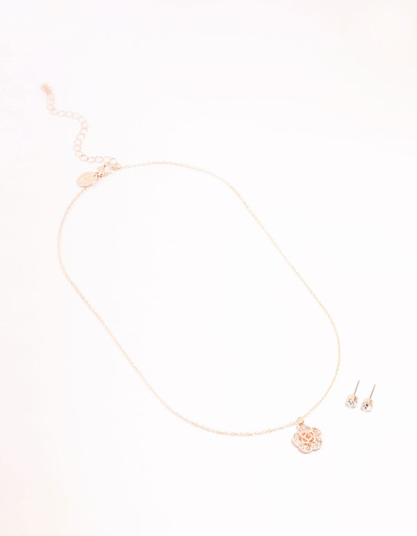 Rose Gold Diamante Necklace & Stud Earrings Set