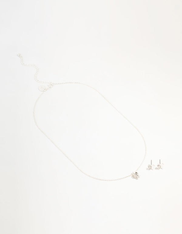 Silver Plated Diamante Butterfly Necklace & Stud Earrings Set